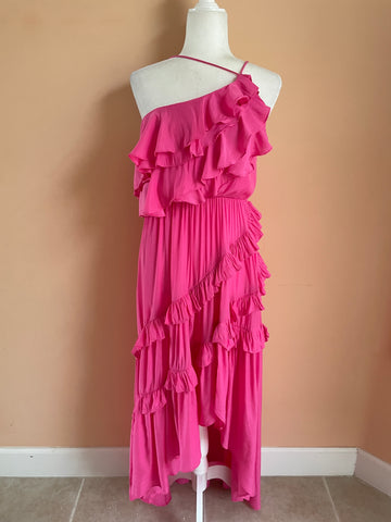2000s  Pretty Tiered Ruffles Cold Shoulder High Low Pink You Got What it Takes Long Dress S
