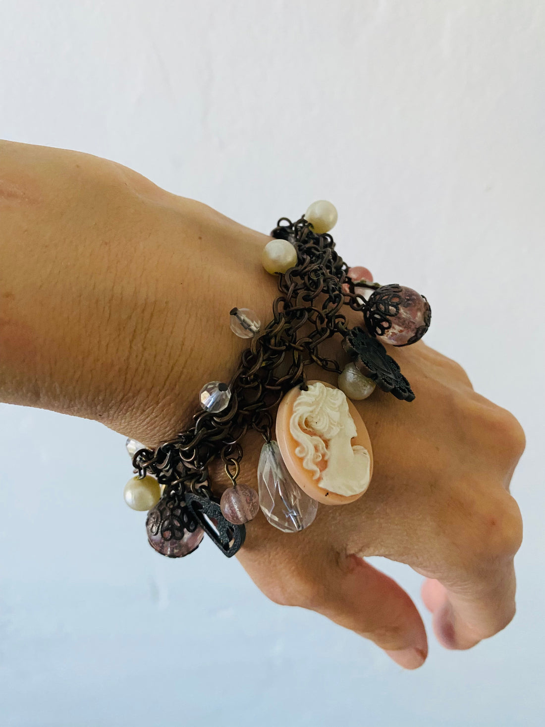 Vintage 3 Bronze Chains Cherub Portrait Loaded Charm Bracelet