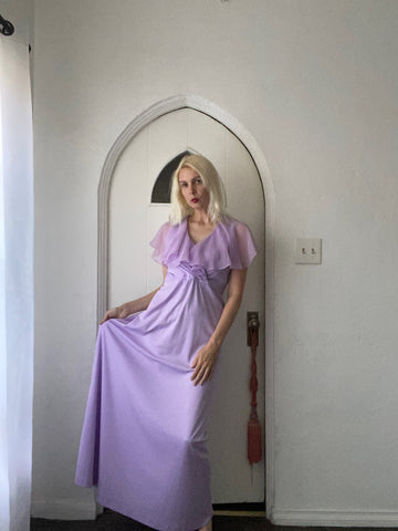 Vintage 70s Lavender Sheer Poly Sleeveless Cape Maxi Dress M