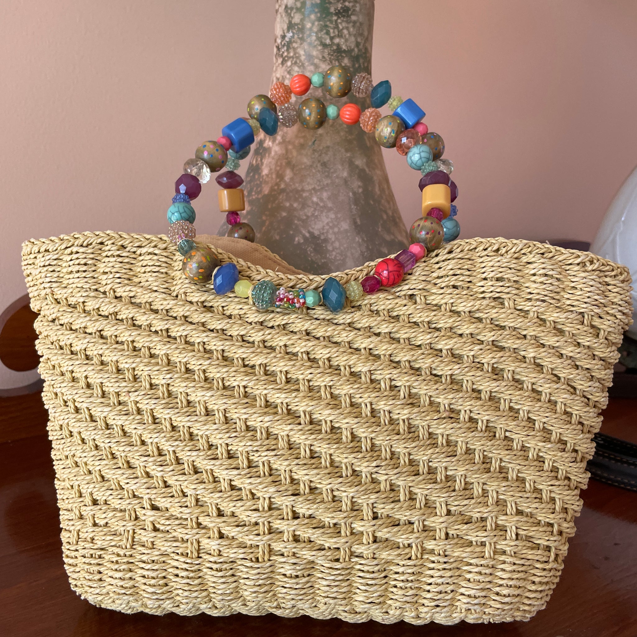 2000s Cappellia Multicolored Beaded Handle Lined Zip Closure Straw Handbag