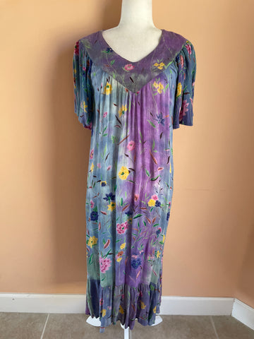 Casual Comfy Dress Vintage 90s Soybury Boho Beach Lounge Ruffle Rayon Gauze Pocket Midi Length Floral Print
