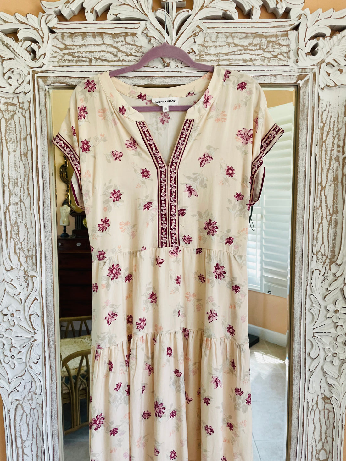 Lucky Brand Rayon Floral Print Back Tie Tiered Midi Dress Lg