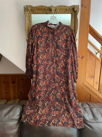 Loose Fit Brown Floral Accordion Design Ruffle Collar Pockets Viscose Dress. M