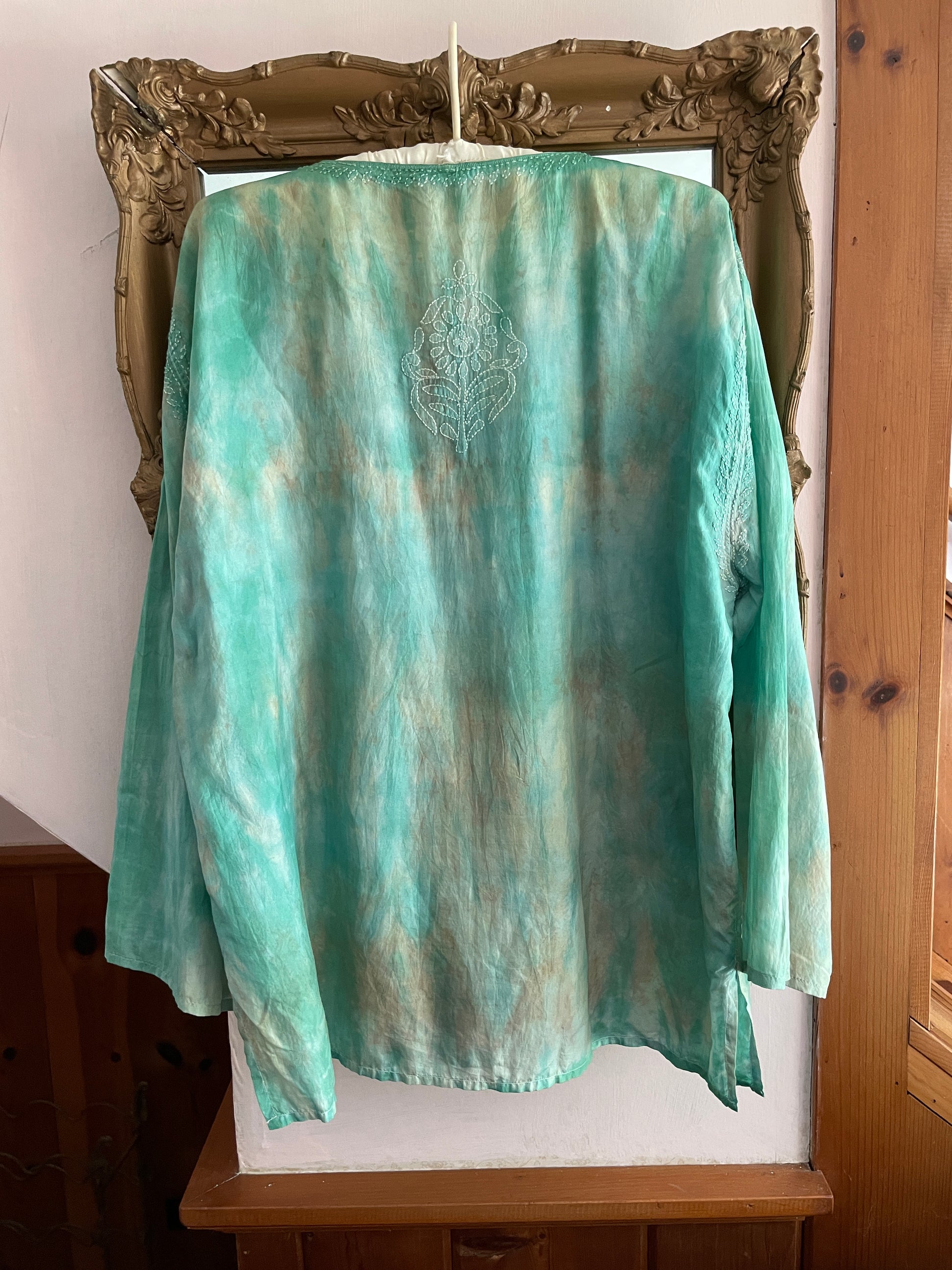  2000s Green Silk Space Dye Embroidered Boho Casual Top L