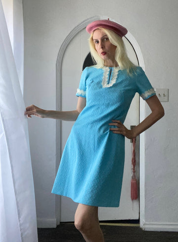 70s Vintage Handmade Baby Blue Lace Detailing Knee Length Pencil Dress. S/M