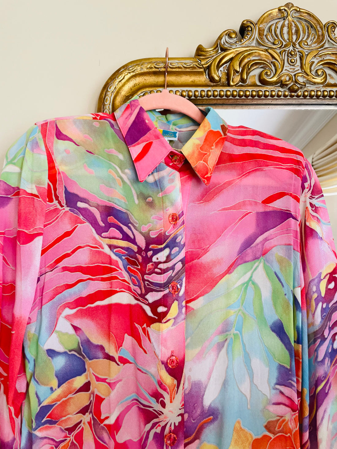 Vintage 80/90s Tropical Floral Semi Sheer Rayon Blouse M