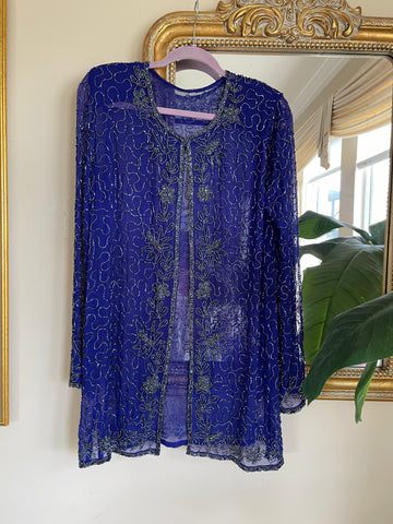 Vintage 80s Glittery Silver Beadwork Glam Jacket Top M