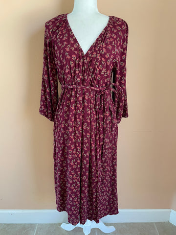 90s Sonoma Floral Print Lovely Rayon Burgundy Day Dress L
