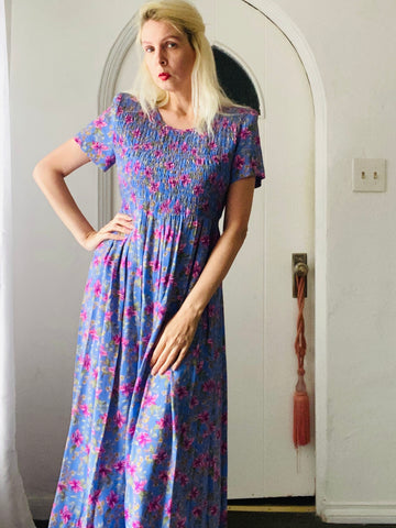 70s Vintage R & K Rayon Lavender Punk Floral Smocked Long Dress. 12P