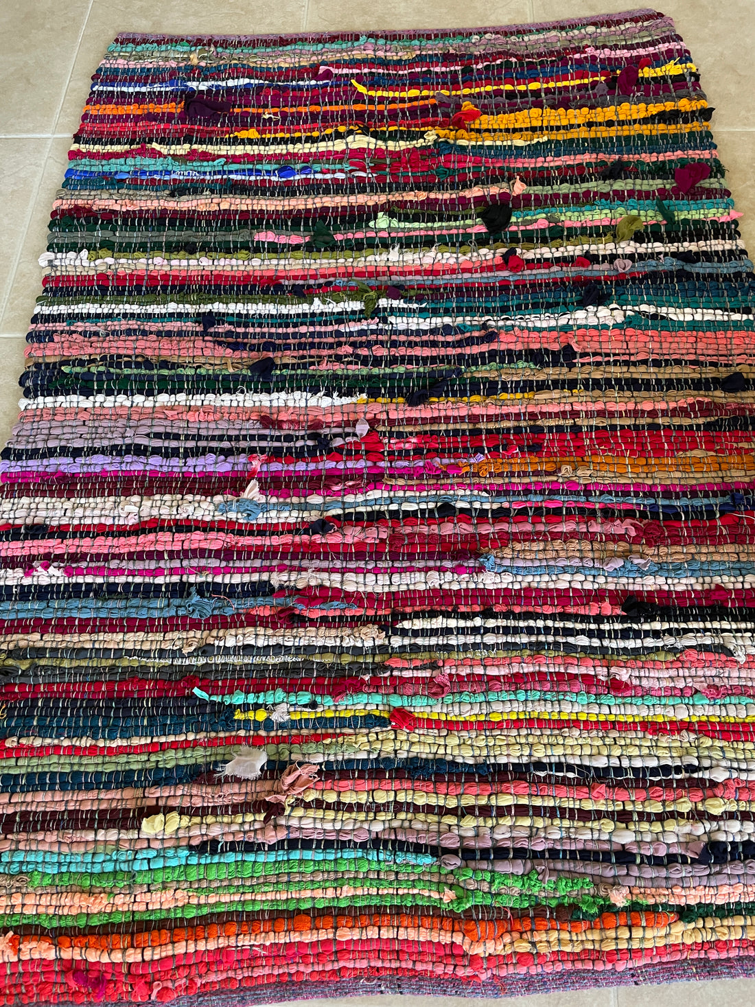 90s Vintage Colorful Handmade Recycled Cotton Rectangular Braided Rag Rug