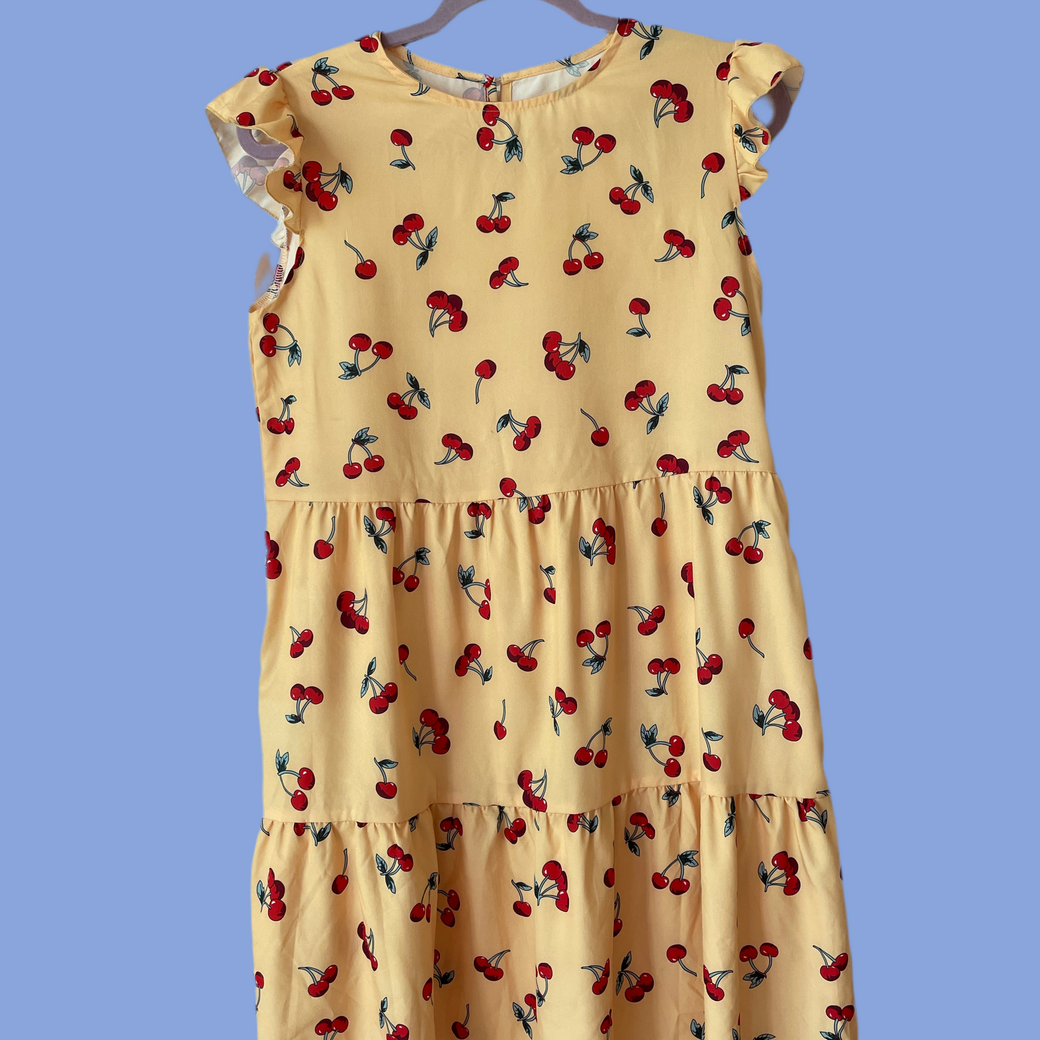 2000s Red Cherry Print Yellow Mini Dress S