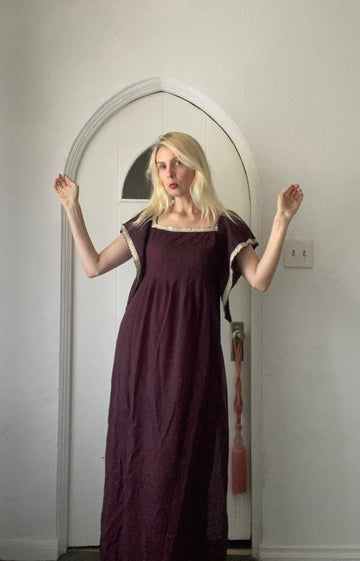 Vintage 60/70s Handmade Linen Gauze Brown Butterfly Sleeve Maxi Dress Sm