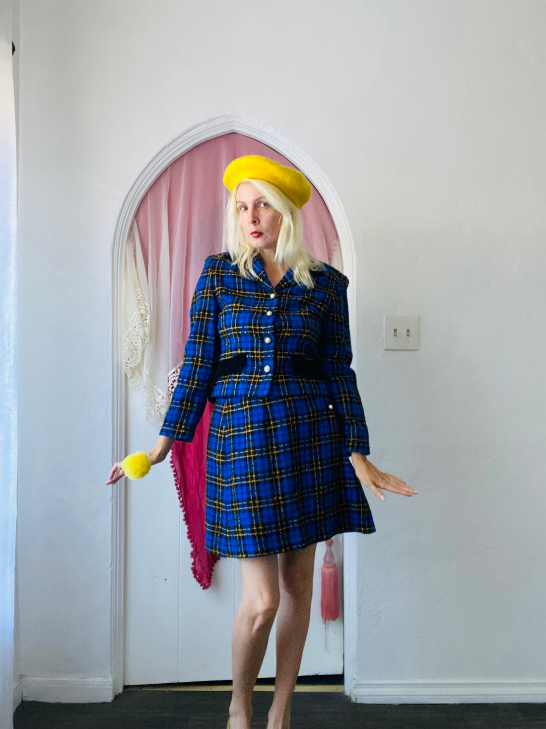80s Vintage Tweedy Blue 2 Piece Mini Skirt Jacket Suit. M