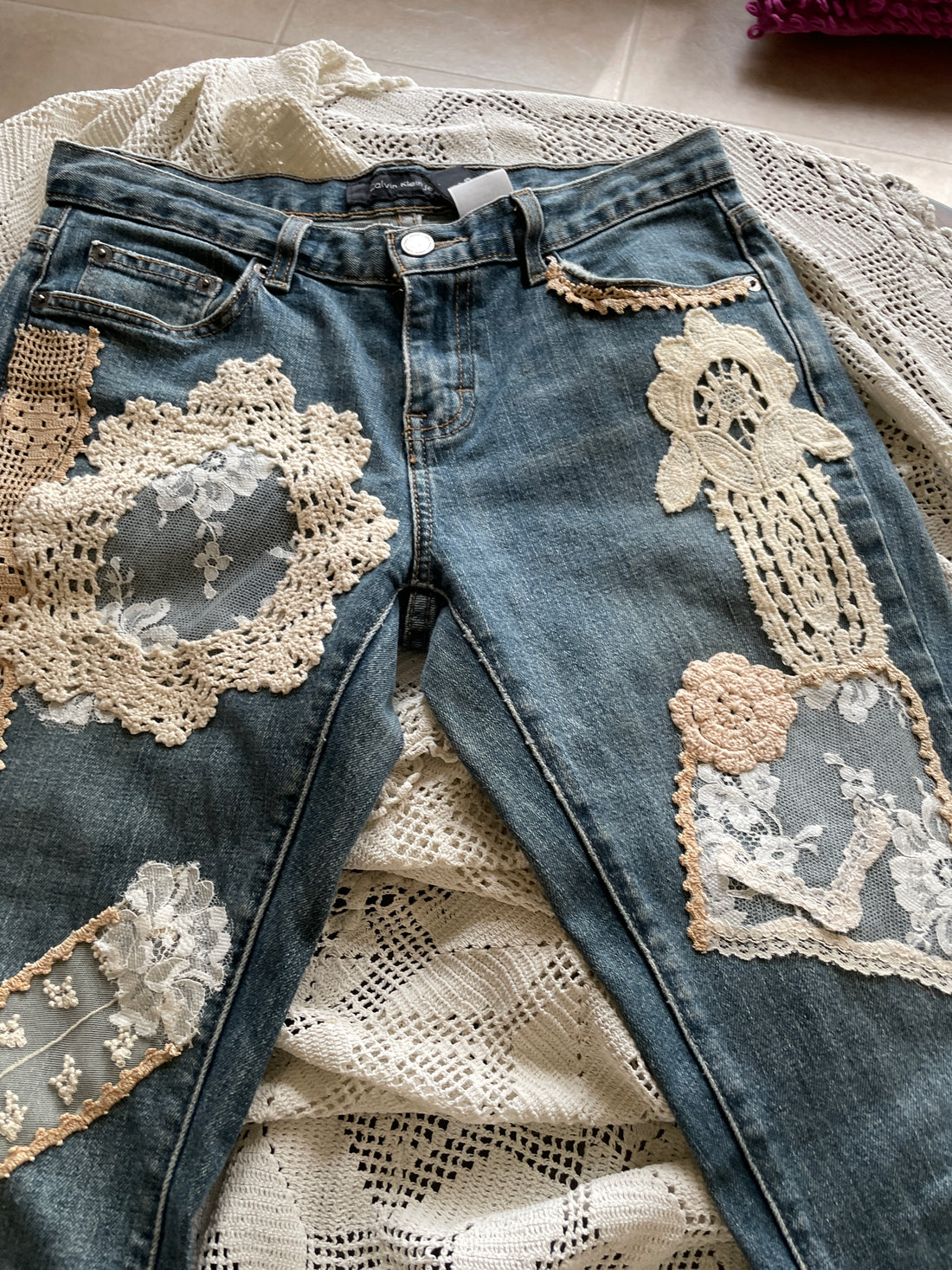 90s Vintage Calvin Klein Hand Stitched Repurposed Antique Vintage Lace Jeans S