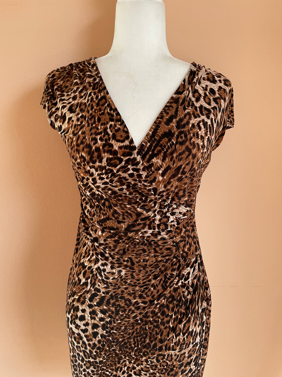 2000s Rayon Poly Blend Cap Sleeve Animal Print Dress M