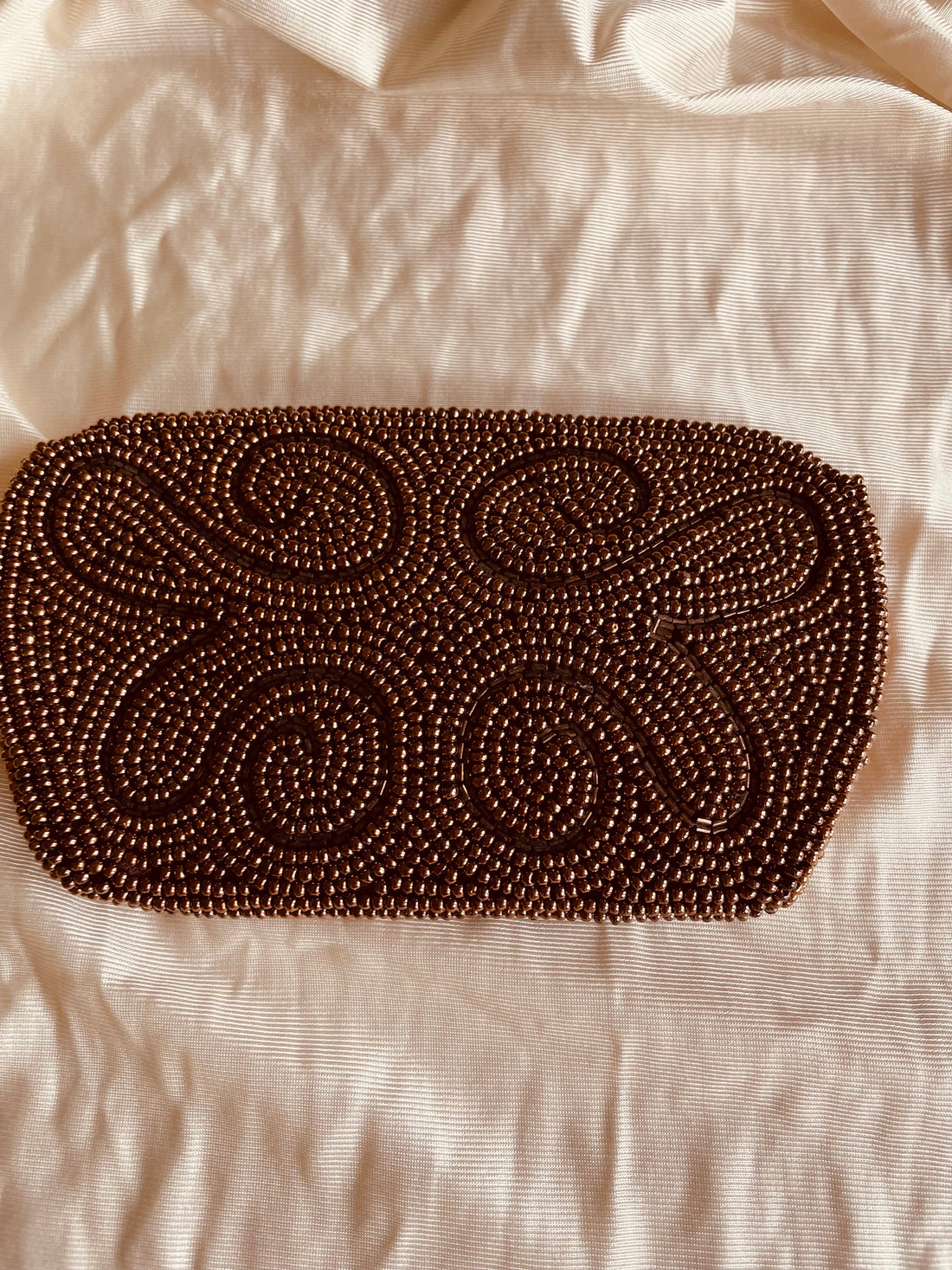 Bronze Tone Beaded Lined Zip Closure Clutch Purse