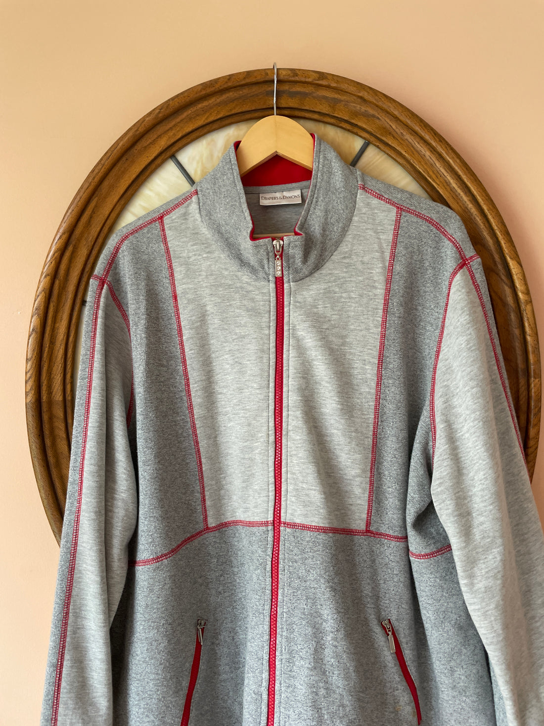 90s Vintage Gray Cotton Poly Red Accent Zip Front Casual Jacket – Unisex Retro Style