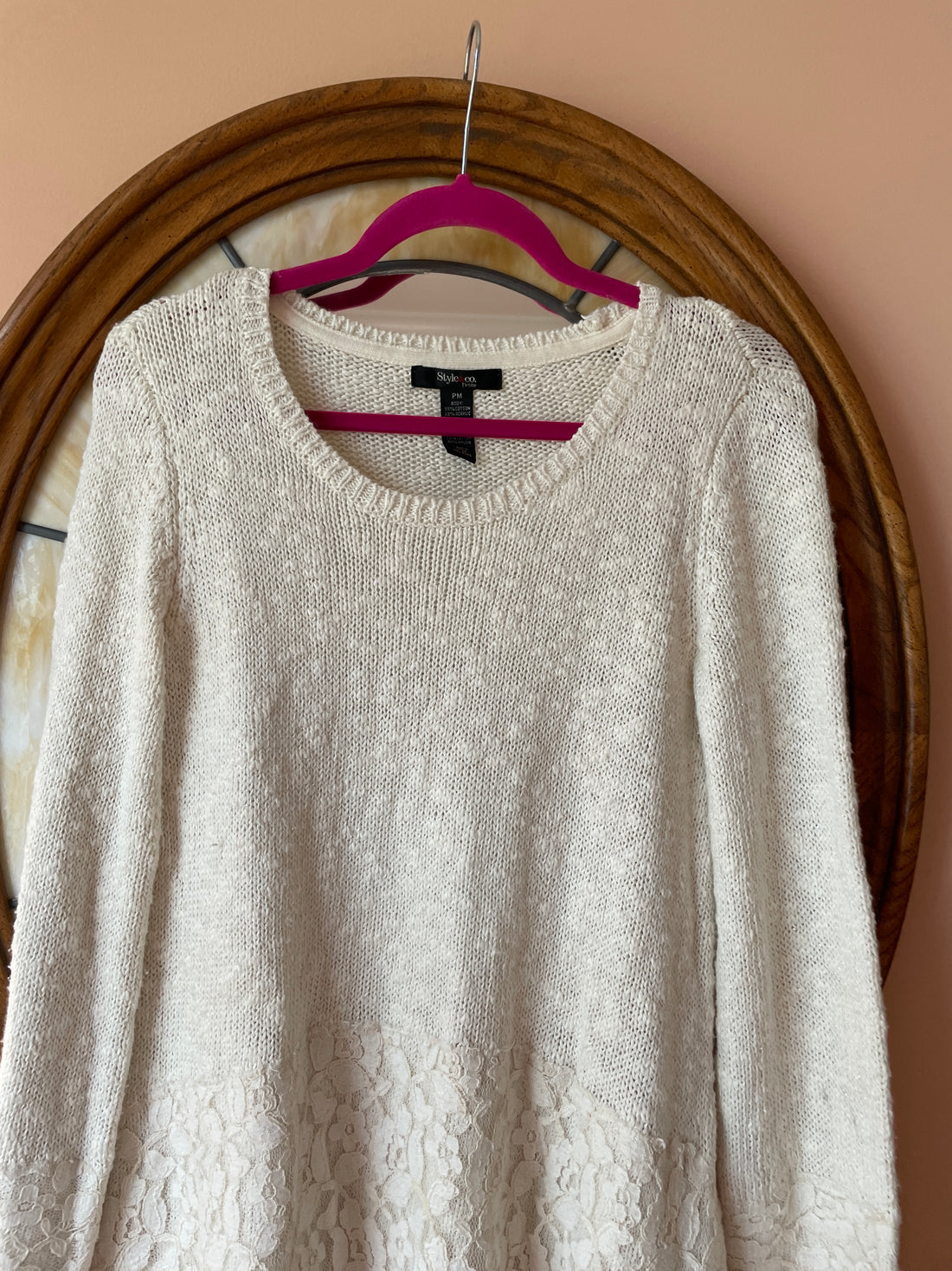 90s Vintage Style & Co Off White Cotton Acrylic Lace Design Pullover Knit Sweater M