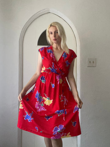70s Vintage Ted Floral V Neck Matching Belt Midi Dress M