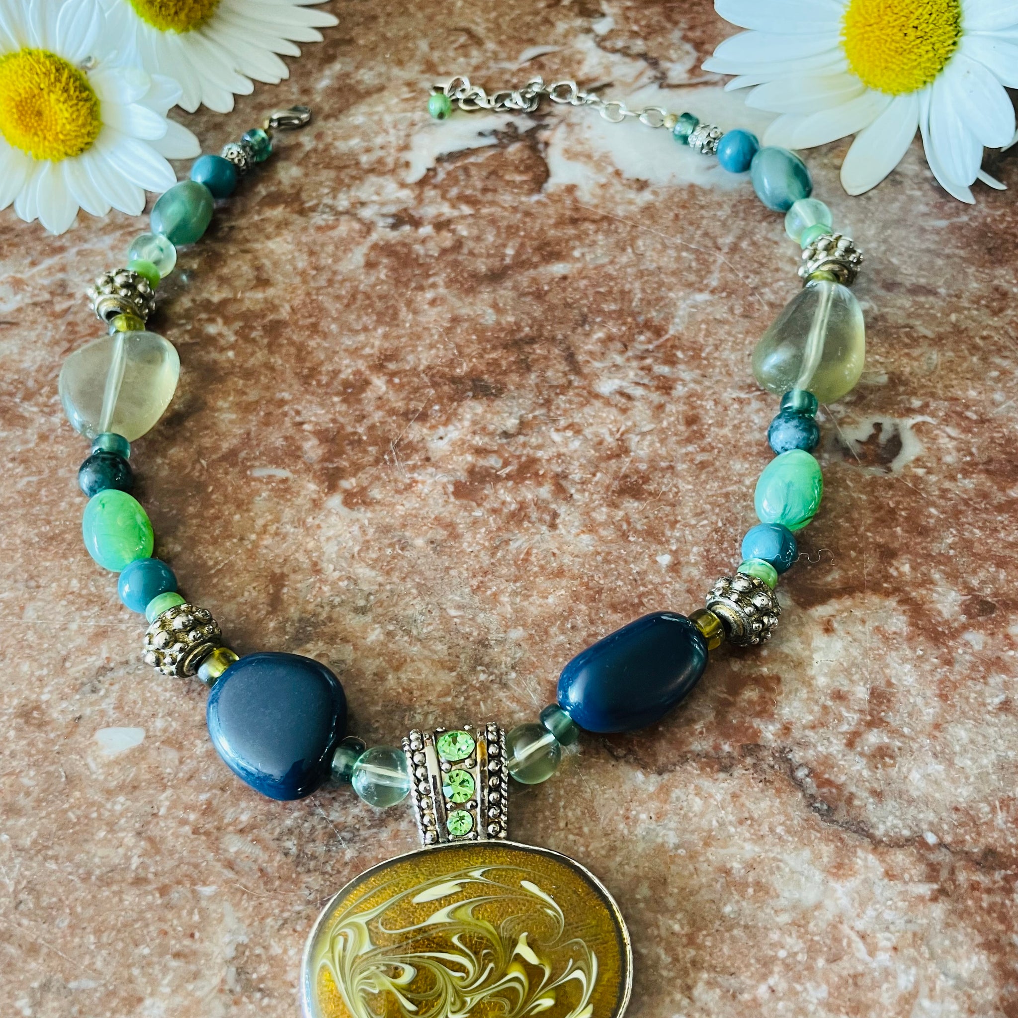 A Mix of Beads & Shades of Green Pendant Necklace