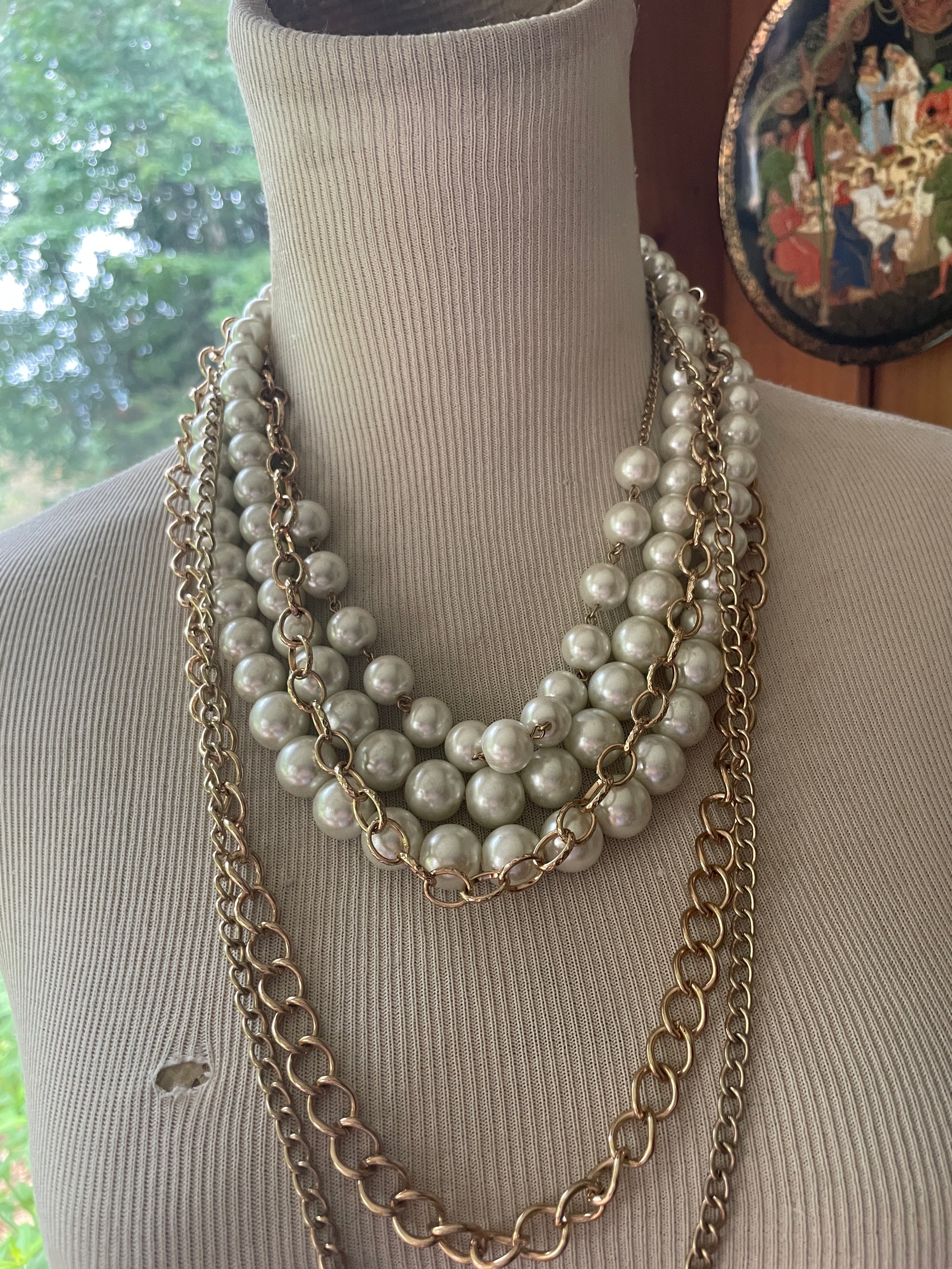  Multiple Layered Chains Faux Pearl 2000 Costume Statement Necklace