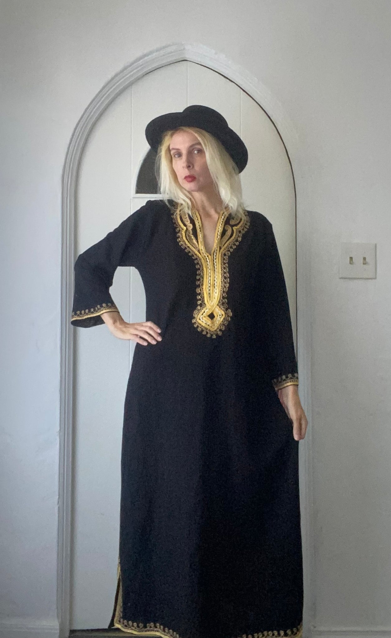 80s Vintage Black Cotton Gold  Braided Trim Side Slits Boho Long Lounge Caftan M