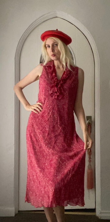90s Vintage 100% Silk Print Sleeveless Ruffled Neckline Long Dress M/L