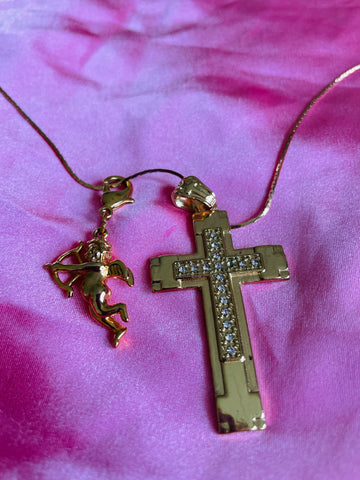 90s Gold Tone Chain Cross & Cherub Pendant Necklace