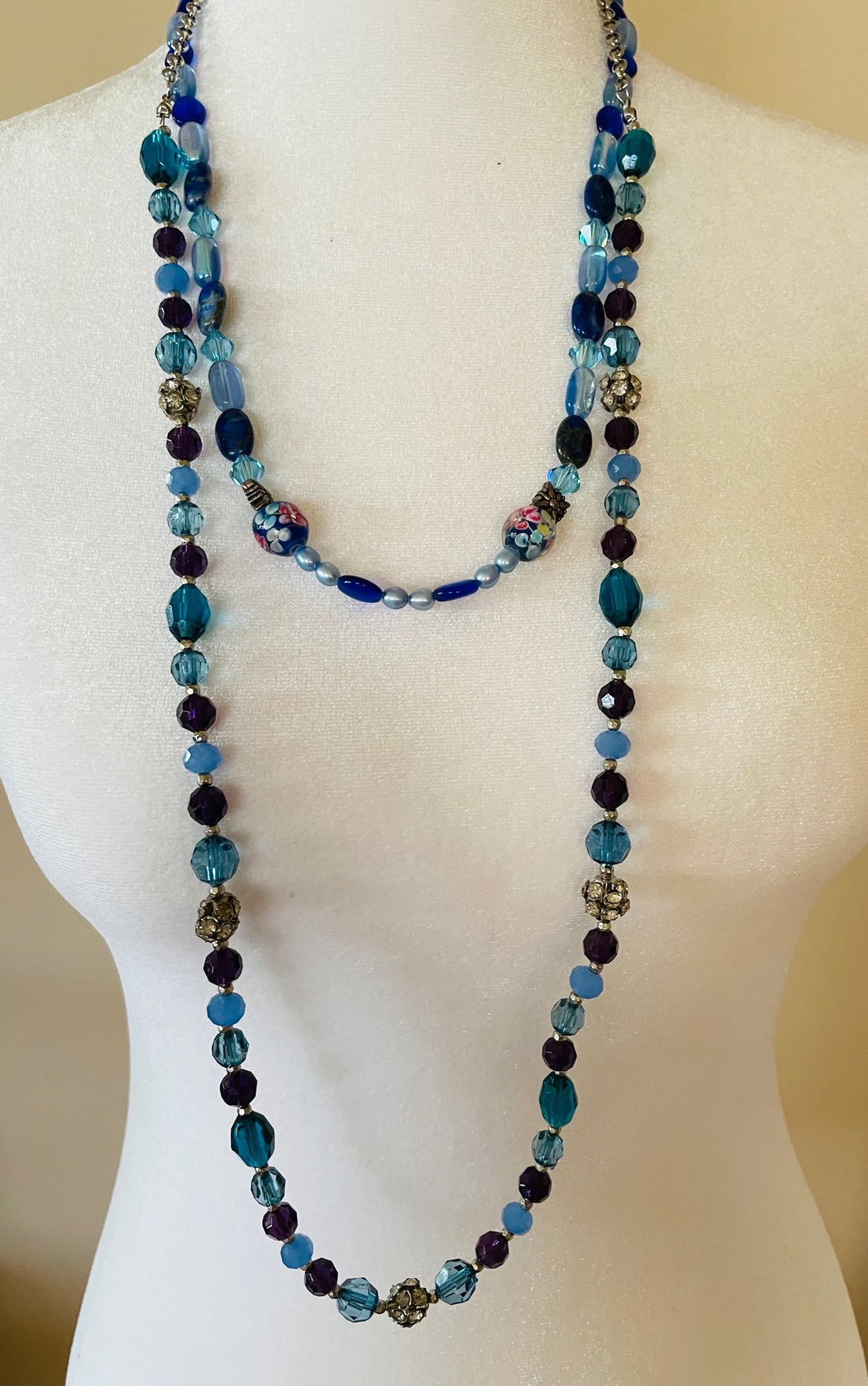 2 Handmade Shades of Blue Glass Acrylic Beads Necklaces