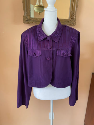 Vintage 80s Silky Purple Poly Button Front Pockets Cropped Jacket X/L