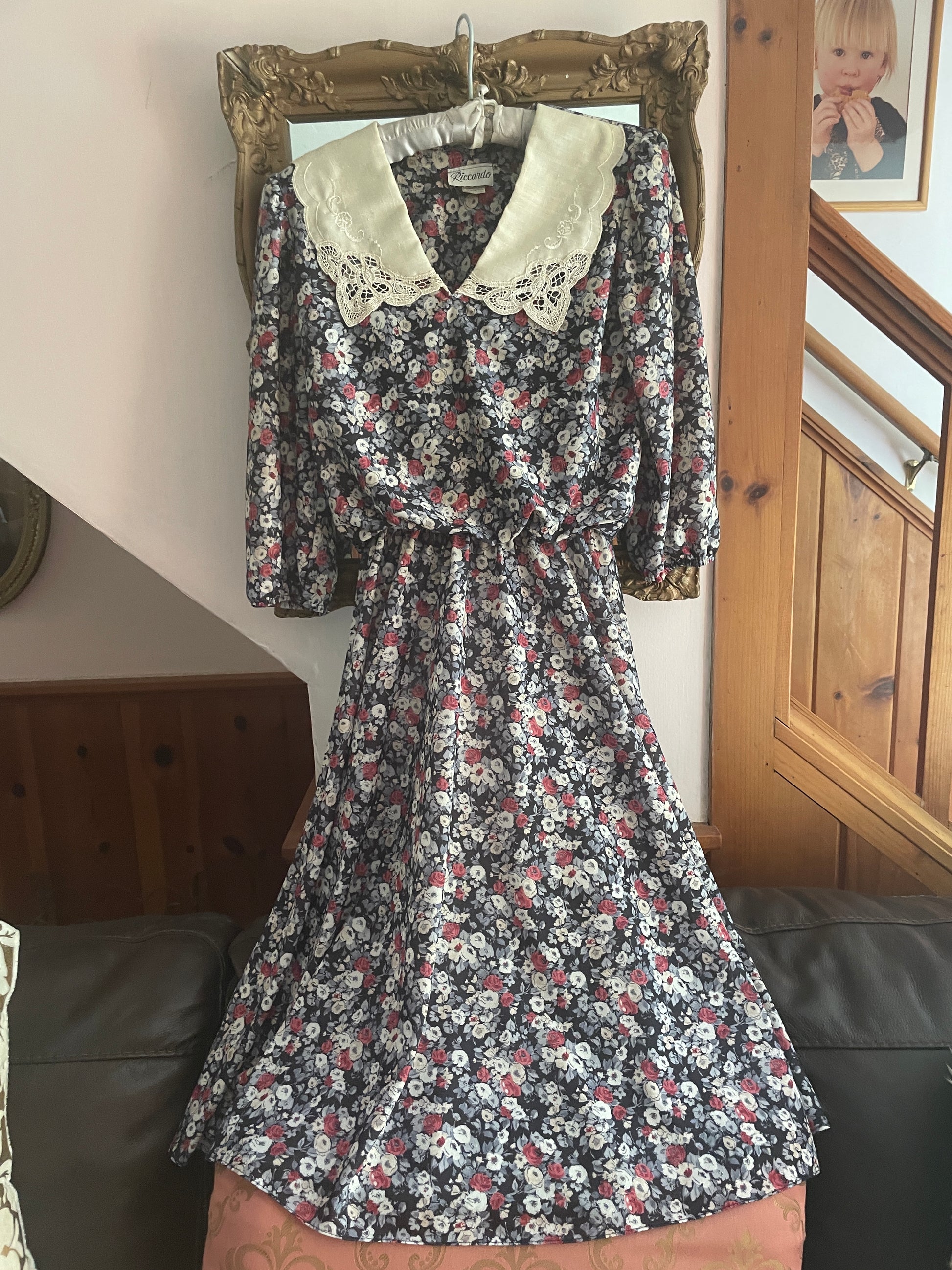  80s Floral Cottage Style Linen Collar Vintage Dress
