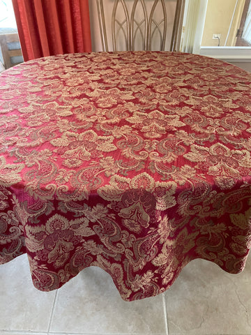 90s Vintage Cotton Poly Brocade Floral Paisley Burgundy Round Table Cloth 68 x 68”