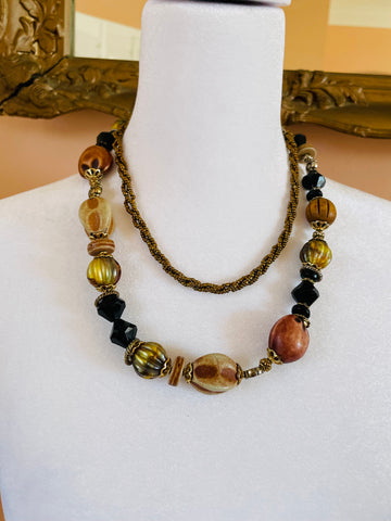 90s Vintage Handmade Wood Glass Beaded Necklace & Tiny Beaded Necklace