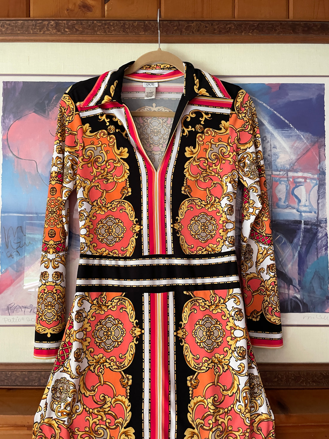 2000s Colorful Striking Print Poly Collar V Neck Pullover Short Dress S/M