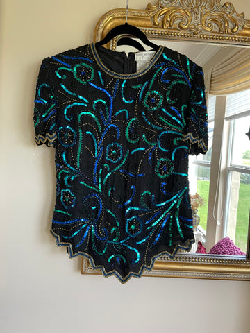80s Vintage Hand Beaded Silk Sequined Glittery Glamour Top. M/L