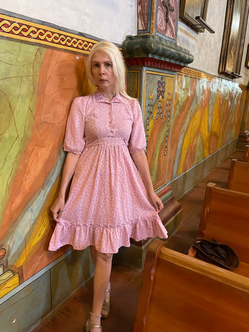 Vintage Pink Floral High Collar Prairie Dress Sm