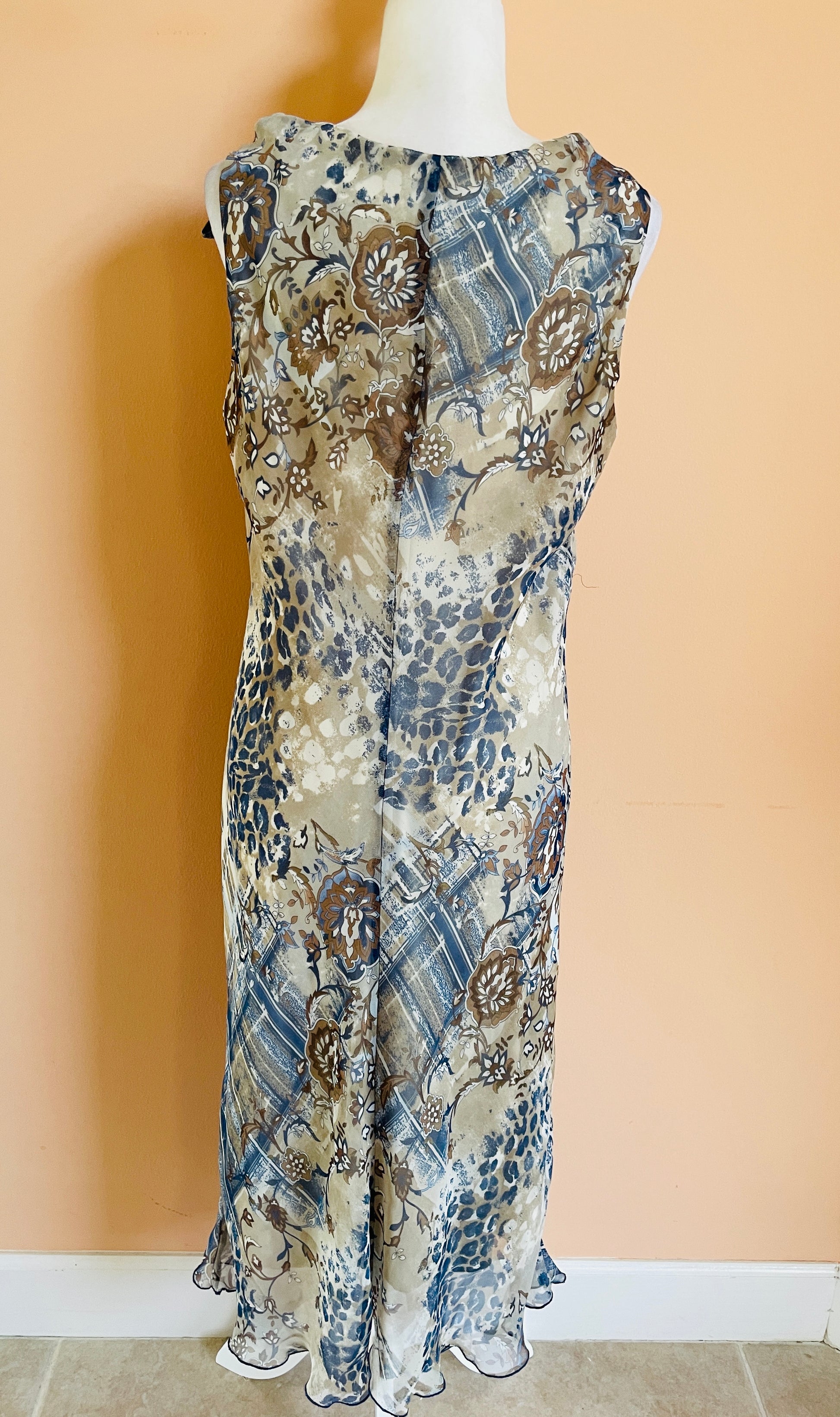  Abstract Blue Floral Print Sheer Poly Lined 2000s Bow Strap Sleeveless Summer Maxi Dress M