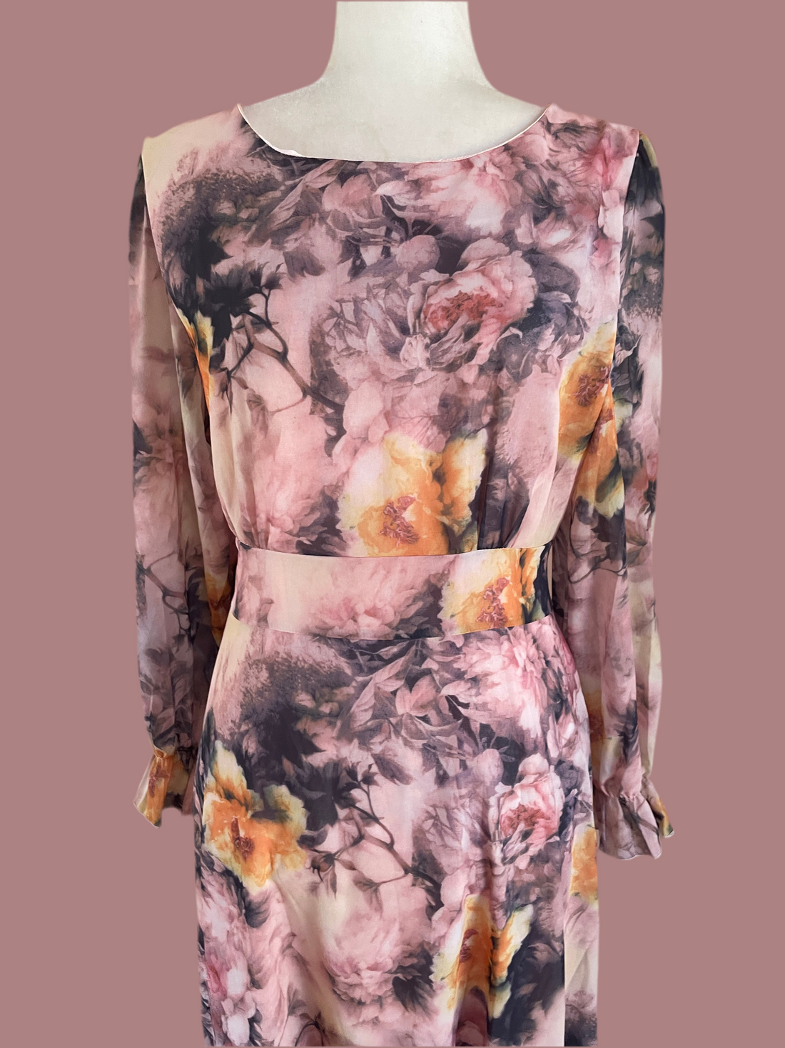 2000s Multicolor Poly Abstract Floral Back Tie Ruffled Sleeve Dress M