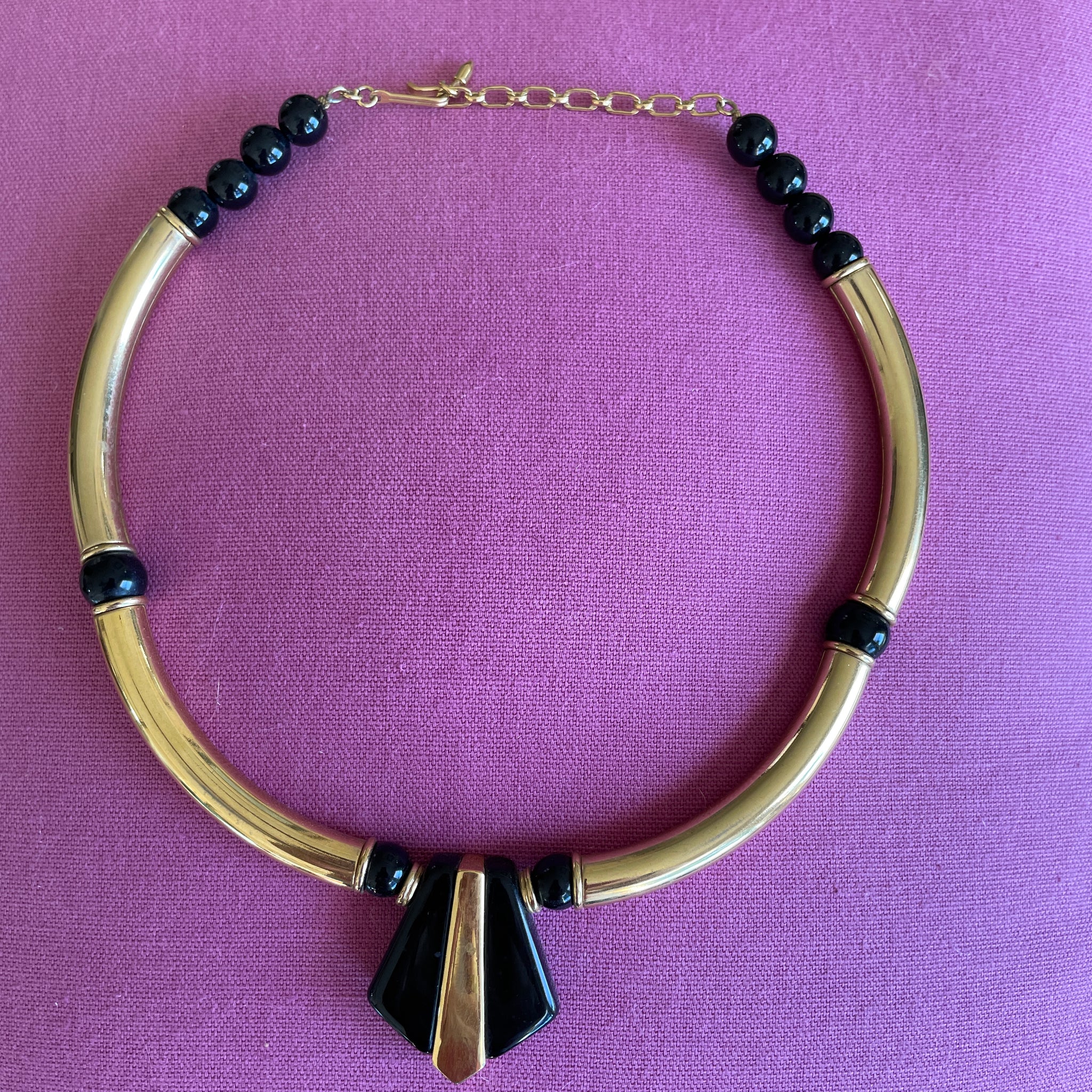 80s Art Deco Style Gold Brass Tubular Black Cabochon Statement Choker Necklace