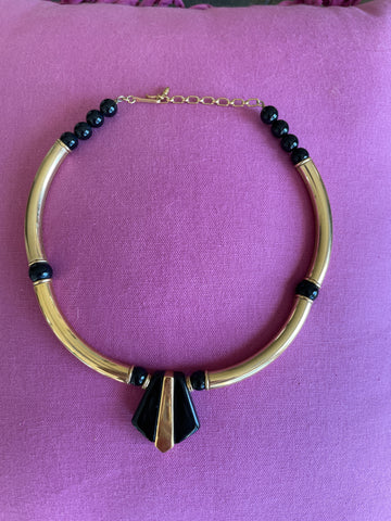 80s Art Deco Style Gold Brass Tubular Black Cabochon Statement Choker Necklace