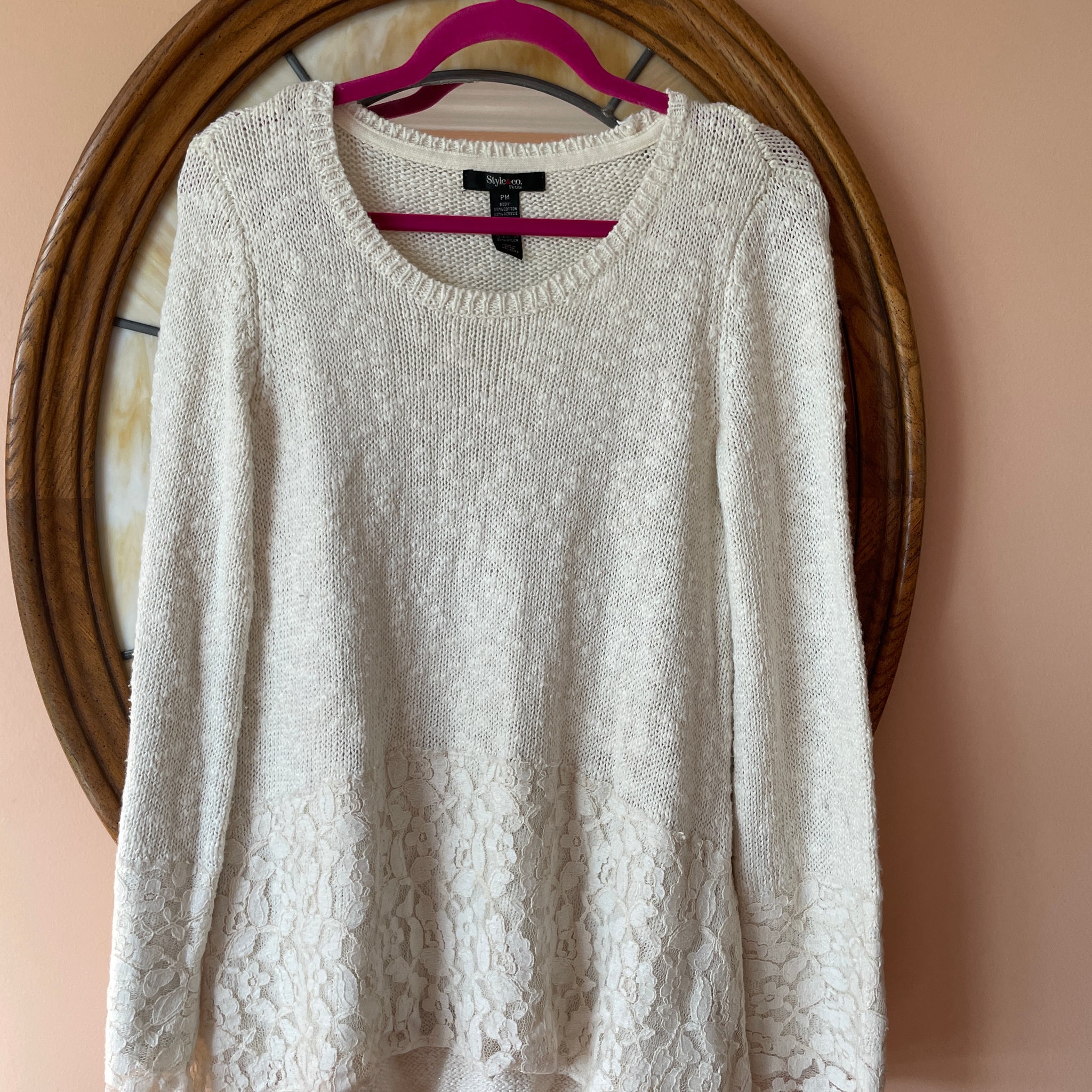 90s Vintage Style & Co Off White Cotton Acrylic Lace Design Pullover Knit Sweater M