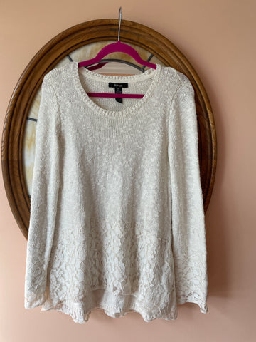 90s Vintage Style & Co Off White Cotton Acrylic Lace Design Pullover Knit Sweater M