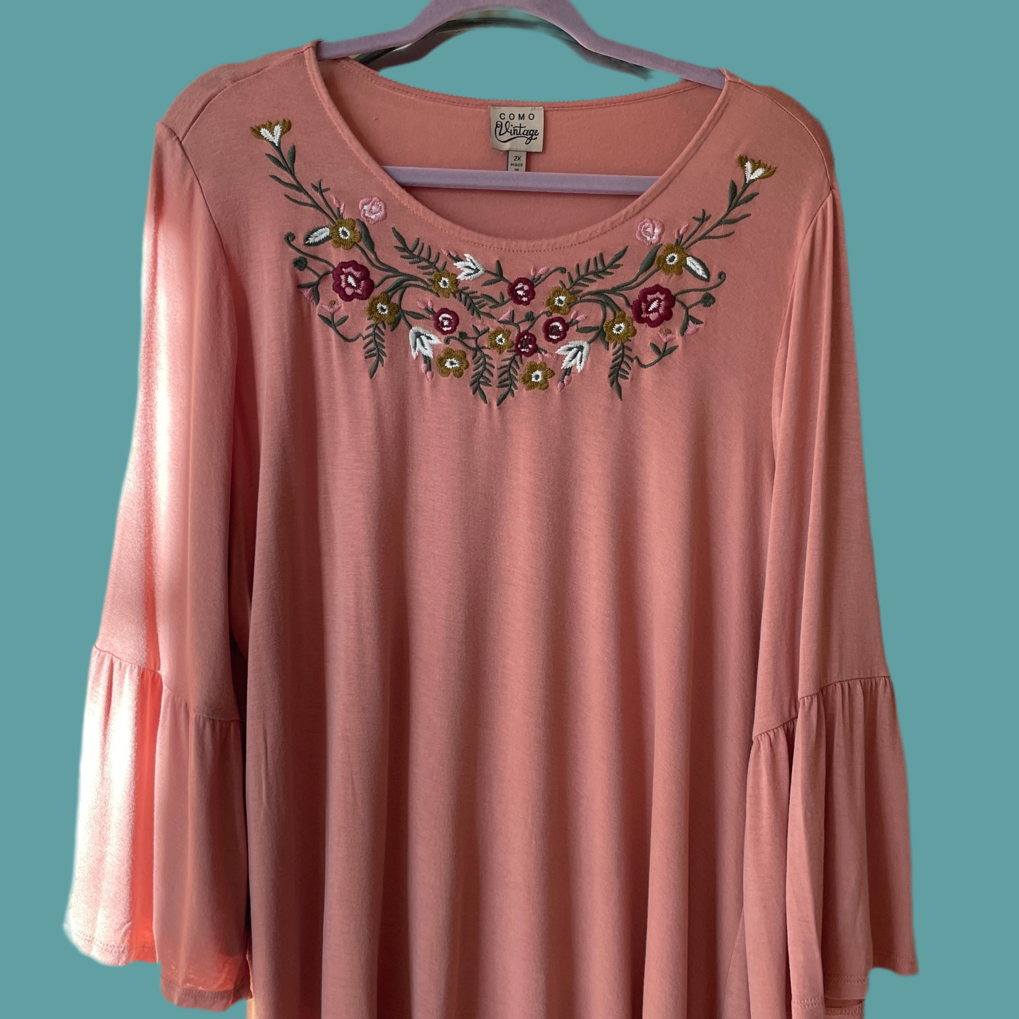 2000s Mauve Floral Embroidery Long Sleeve Pullover Top 2X