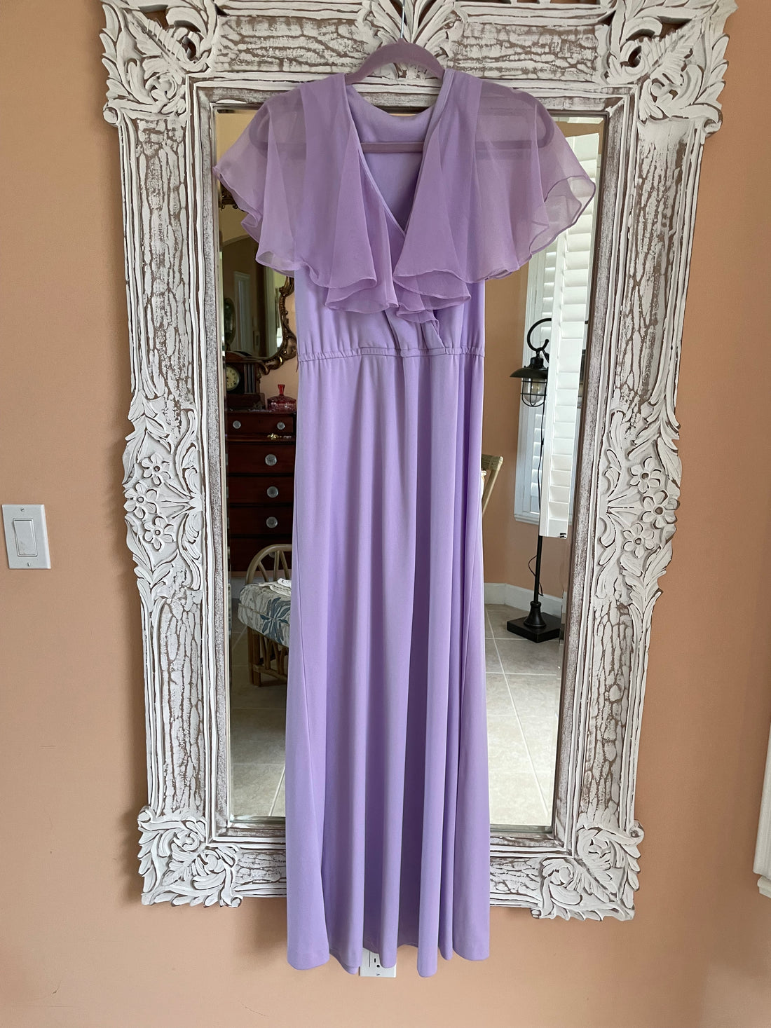 Vintage 70s Lavender Sheer Poly Sleeveless Cape Maxi Dress M