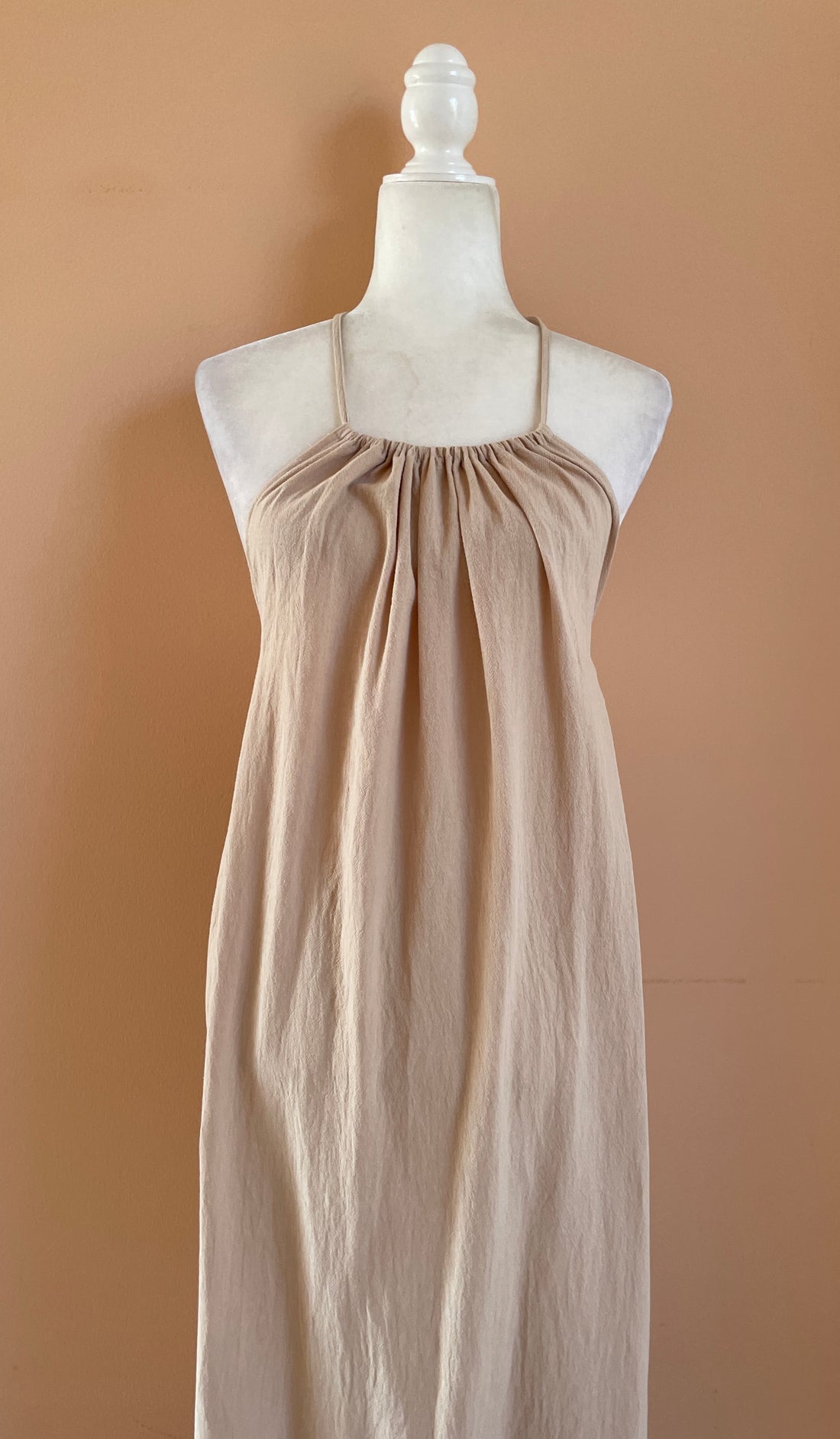 2000s 100% Cotton Beige Tassel Back Tie Side Slits Beach Vacation Maxi Dress S