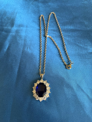 2000s Silver Plated Chain Dark Blue Glass Pendant Necklace