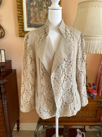2000s Beige Rayon Cotton Lacy Open Front Jacket  M/L