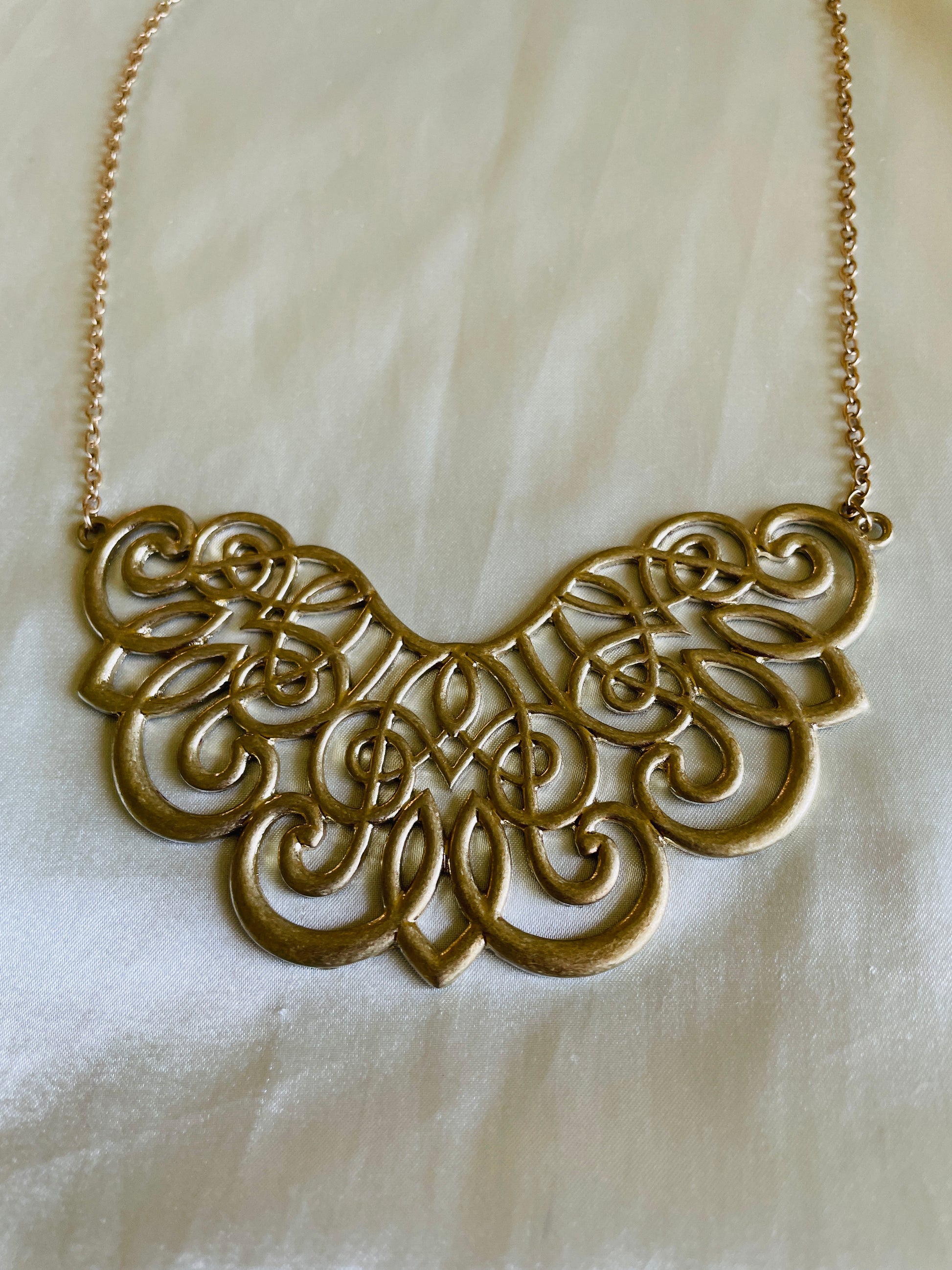  Vintage Brushed Gold Tone 90s Decorative Design Bib Necklace