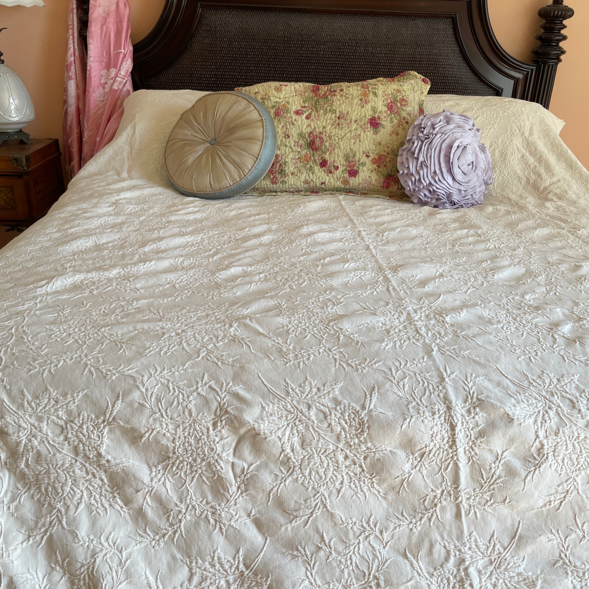 2000s Made in Portugal 100% Cotton Textured Floral Leaf Design Off White Queen Size Bed Spread