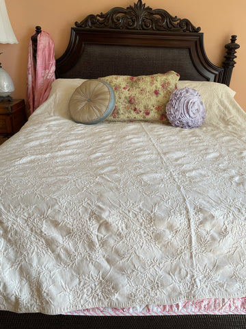 2000s Made in Portugal 100% Cotton Textured Floral Leaf Design Off White Queen Size Bed Spread